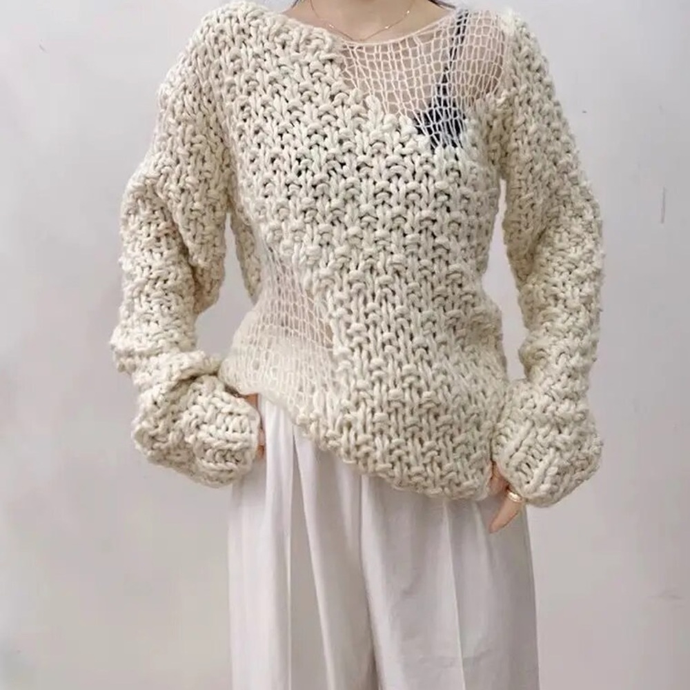 Cream sweater mesh woven sexy long sleeve